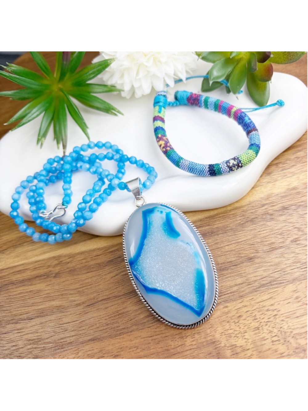 Sterling Silver 925 Blue Agate Druzy Pendant Necklace Jewelry Set Southwest